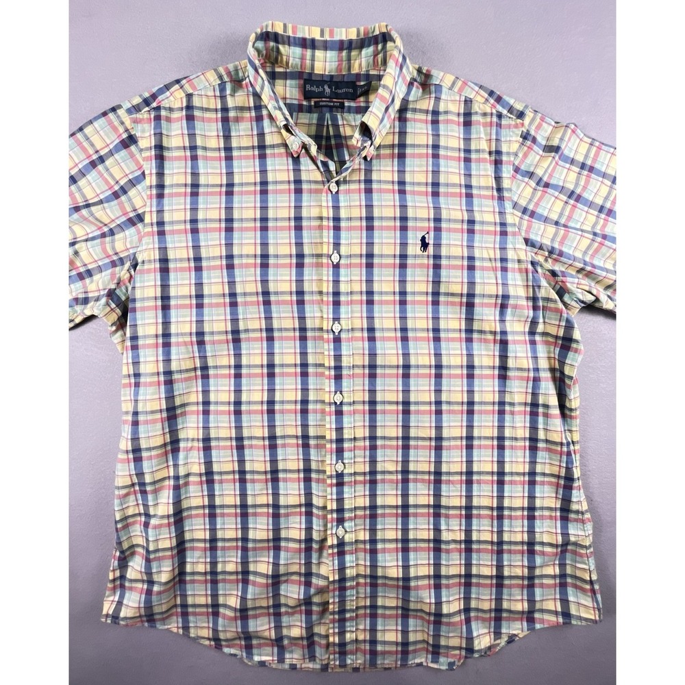 Ralph Lauren Button Down Mens XL Multi Plaid Custom Fit Short Sleeve Pony‎ Logo